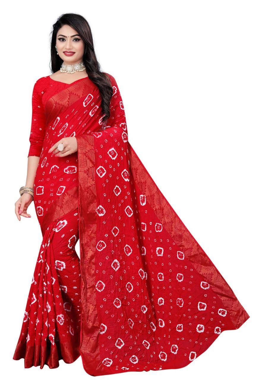 Women's Elegant red Bandhani silk saree with bandhej a traditional embroidery border.