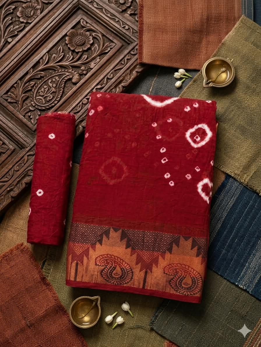 Women's Elegant red Bandhani silk saree with bandhej a traditional embroidery border.